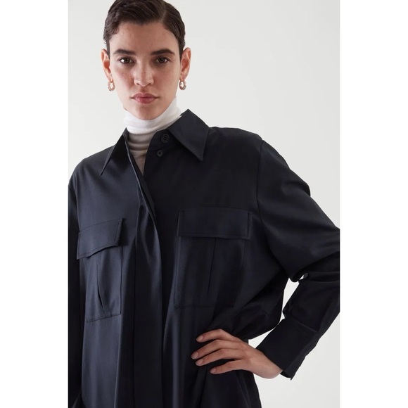 COS Utility Wool Blend Mini Shirt Dress‎ in Dark Navy - Picture 5 of 12